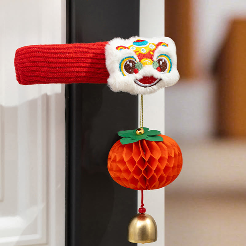 Buddha Stones Year of the Horse Dancing Lion Fu Character Door Handle Blessing Decoration - 2-Piece Dancing Lion & Persimmon 16*20cm - image 8