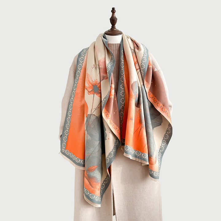 Buddha Stones Winter Ink Painting Lotus Flowers Leaves Pattern Soft Scarf Shawl - SandyBrown - 180*65cm - image 0