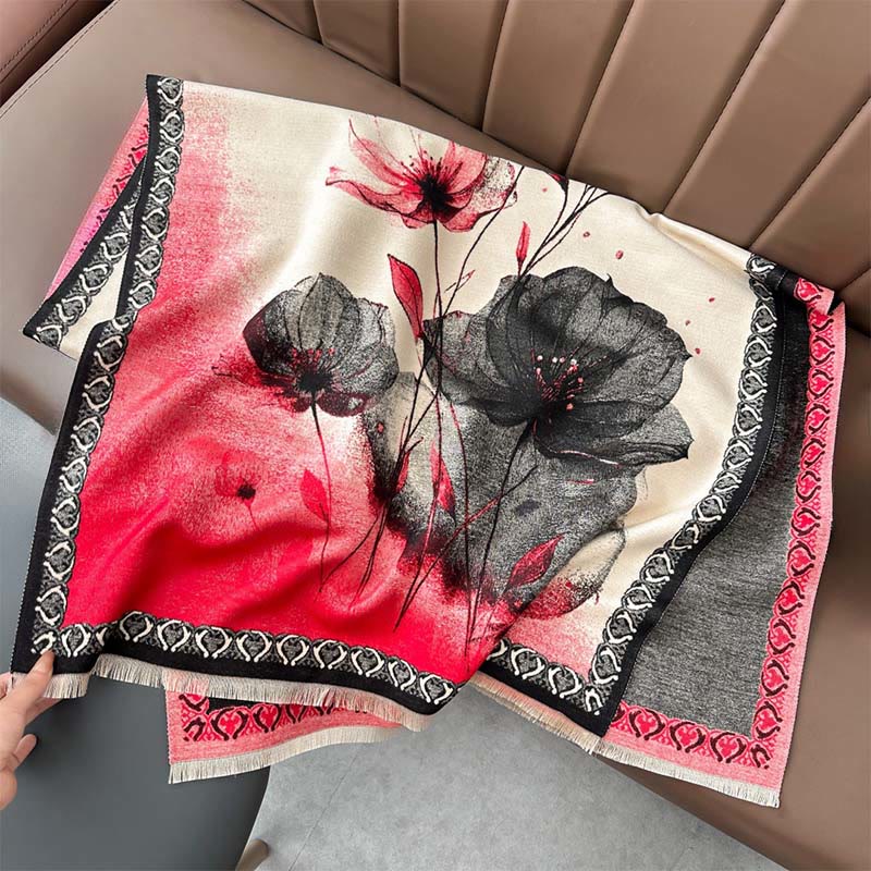 Buddha Stones Winter Ink Painting Lotus Flowers Leaves Pattern Soft Scarf Shawl - Tomato - 180*65cm - image 4