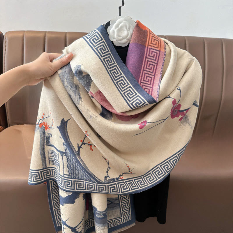 Buddha Stones Fall Plum Blossom Eaves Ink Painting Pattern Cozy Scarf Shawl - image 10