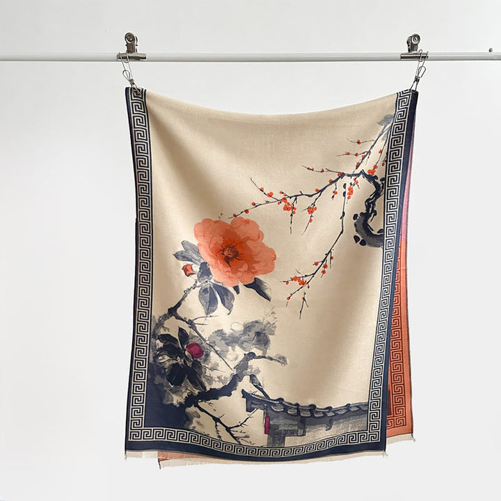 Buddha Stones Fall Plum Blossom Eaves Ink Painting Pattern Cozy Scarf Shawl - image 9