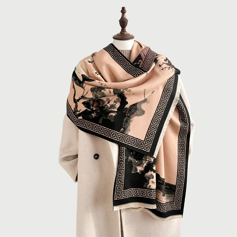 Buddha Stones Fall Plum Blossom Eaves Ink Painting Pattern Cozy Scarf Shawl - image 18