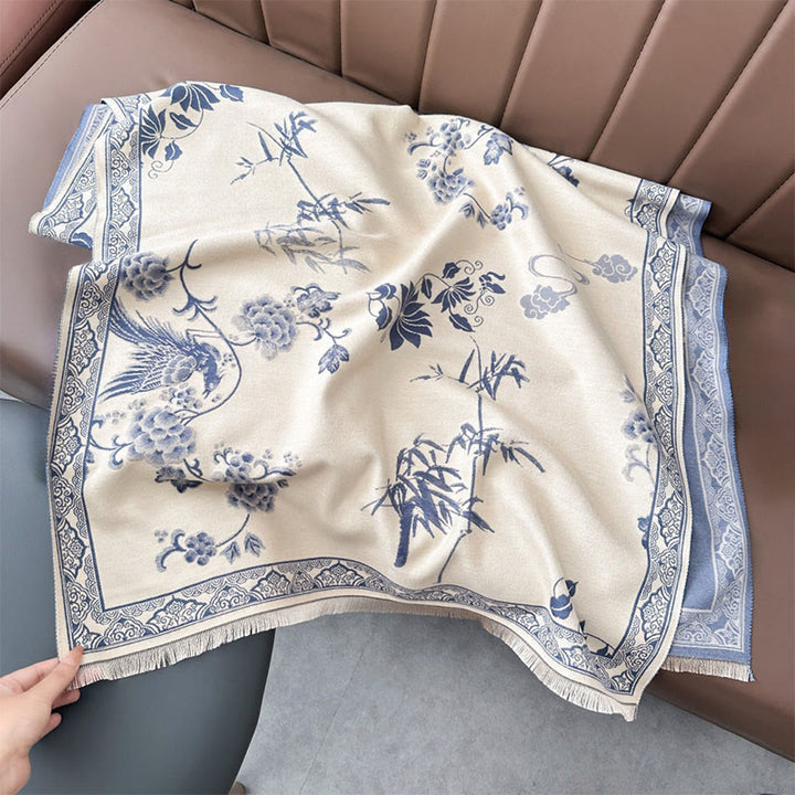 Buddha Stones Winter Birds Bamboo Leaves Vines Pattern Soft Scarf Shawl - LightSteelBlue - 180*65cm - image 17