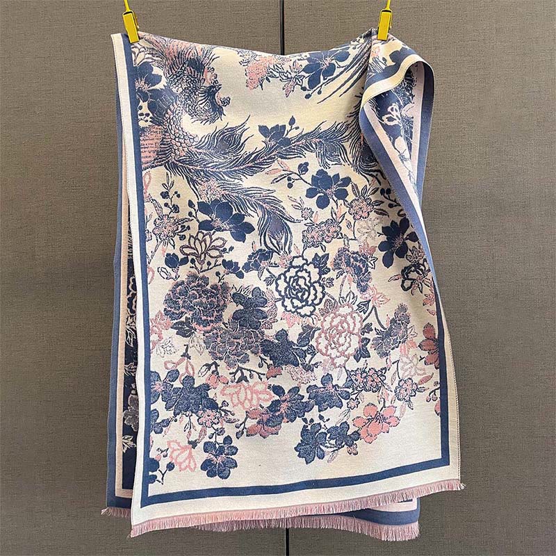 Buddha Stones Fall Phoenix Flowers Pattern Soft Scarf Shawl - SteelBlue - 185*65cm - image 8