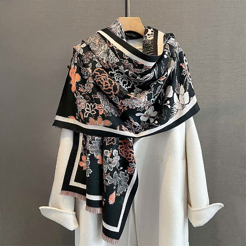 Buddha Stones Fall Phoenix Flowers Pattern Soft Scarf Shawl - Black - 185*65cm - image 0
