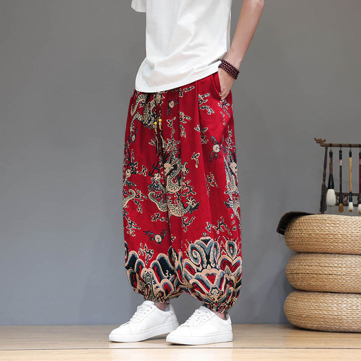 Buddha Stones Summer Dragon Drawstring Design Cotton Linen Men's Harem Pants With Pockets - Red - US/UK/AU46，EU56 (5XL) - image 0