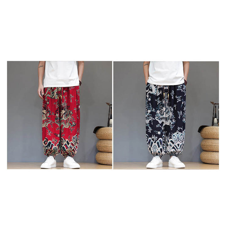 Buddha Stones Summer Dragon Drawstring Design Cotton Linen Men's Harem Pants With Pockets - image 18