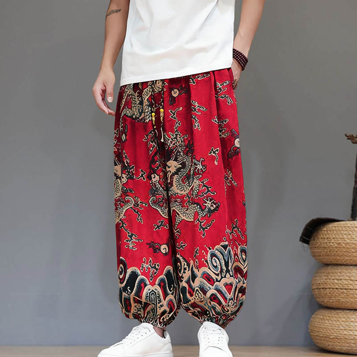 Buddha Stones Summer Dragon Drawstring Design Cotton Linen Men's Harem Pants With Pockets - image 6