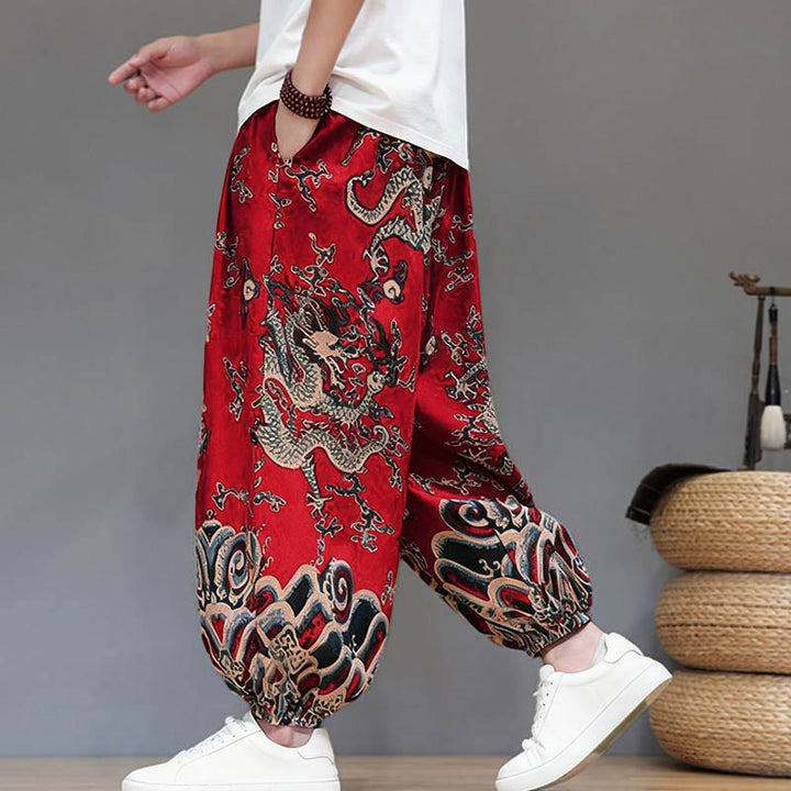 Buddha Stones Summer Dragon Drawstring Design Cotton Linen Men's Harem Pants With Pockets - image 3