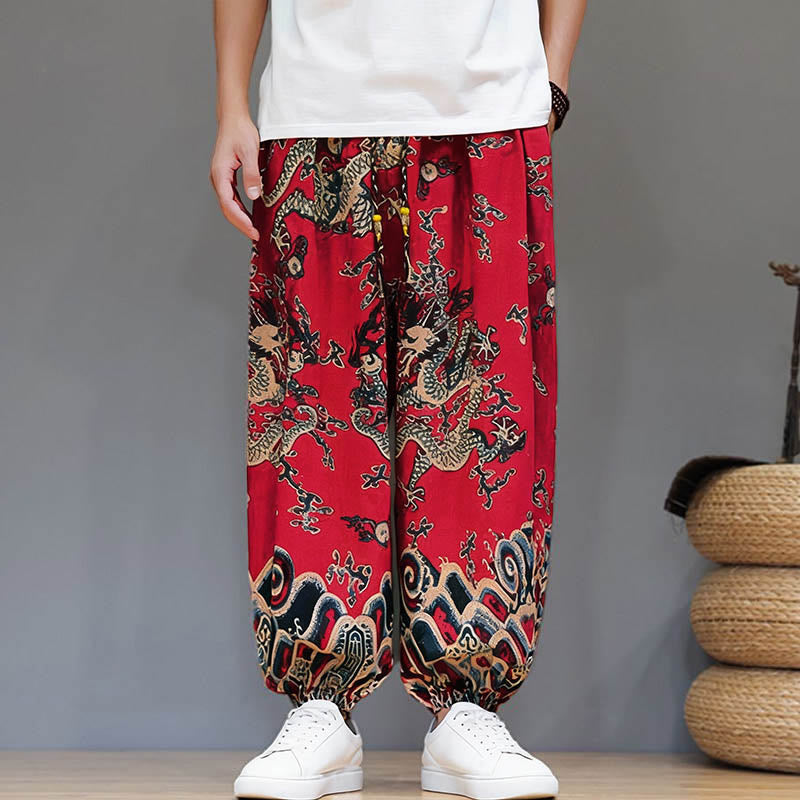Buddha Stones Summer Dragon Drawstring Design Cotton Linen Men's Harem Pants With Pockets - image 8