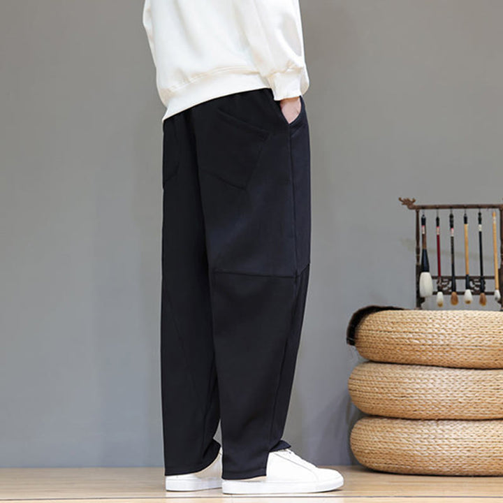 Buddha Stones Winter Solid Color Fleece-lined Men's Cotton Linen Pants With Pockets - image 15