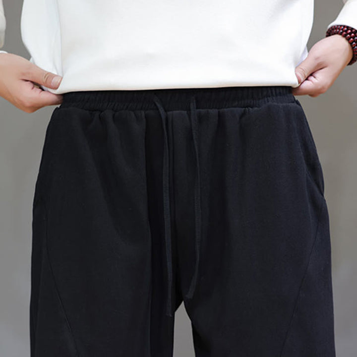 Buddha Stones Winter Solid Color Fleece-lined Men's Cotton Linen Pants With Pockets - image 18