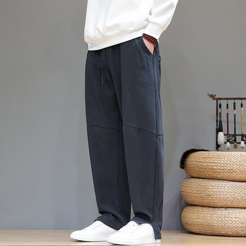 Buddha Stones Winter Solid Color Fleece-lined Men's Cotton Linen Pants With Pockets - image 9
