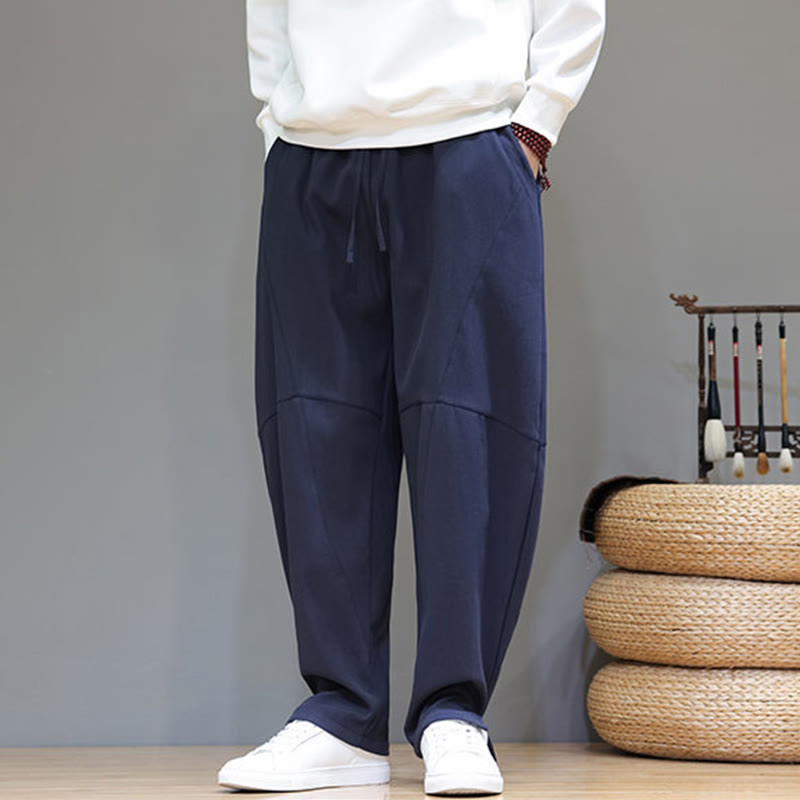 Buddha Stones Winter Solid Color Fleece-lined Men's Cotton Linen Pants With Pockets - image 8