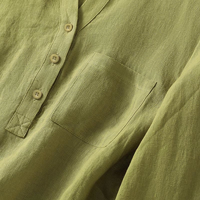 Buddha Stones Spring Dark Khaki Stand Collar Half Buttons Design Women's Long Sleeve Shirt - image 6