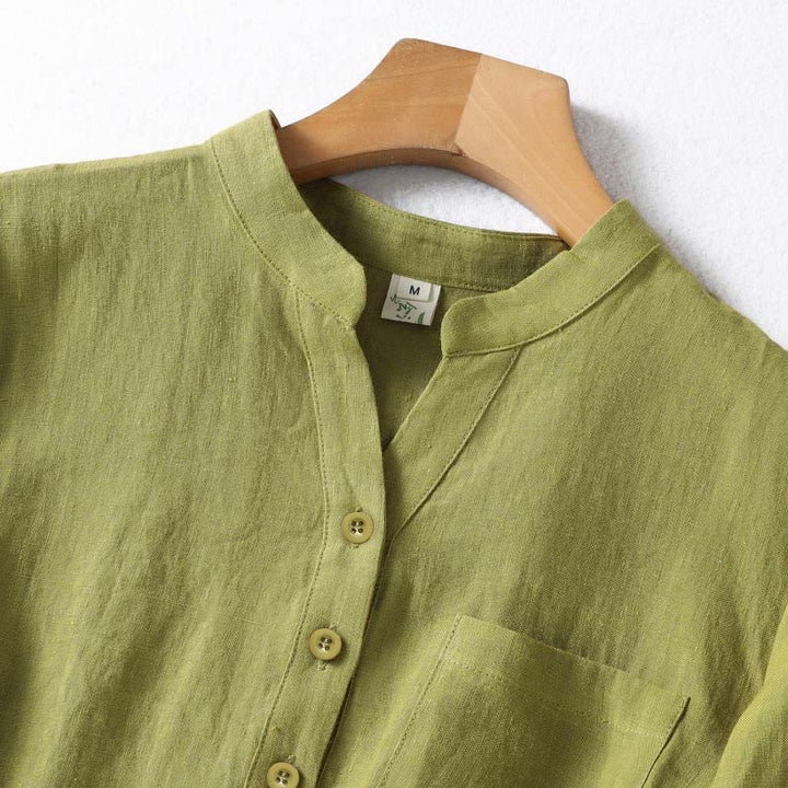 Buddha Stones Spring Dark Khaki Stand Collar Half Buttons Design Women's Long Sleeve Shirt - image 3
