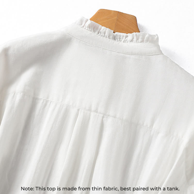 Buddha Stones White Ruffled Collar Long Sleeve Women's Cotton Shirt - image 4