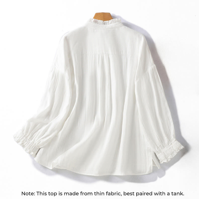 Buddha Stones White Ruffled Collar Long Sleeve Women's Cotton Shirt - image 1