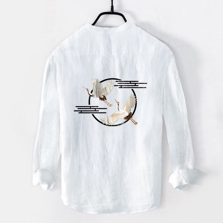 Buddha Stones Soaring White Crane Pattern Half Buttons Men's Cotton Linen Long Sleeve Shirt - image 5