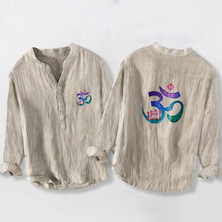 Buddha Stones Lotus OM Symbol Pattern Half Buttons Men's Cotton Linen Long Sleeve Shirt - Linen - US/UK/AU50，EU60 (5XL) - image 3