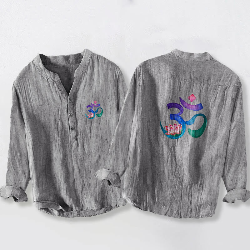 Buddha Stones Lotus OM Symbol Pattern Half Buttons Men's Cotton Linen Long Sleeve Shirt - Gray - US/UK/AU50，EU60 (5XL) - image 0