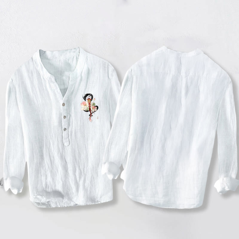 Buddha Stones Dragon Lotus Lantern Pattern Half Buttons Men's Cotton Linen Long Sleeve Shirt - image 5