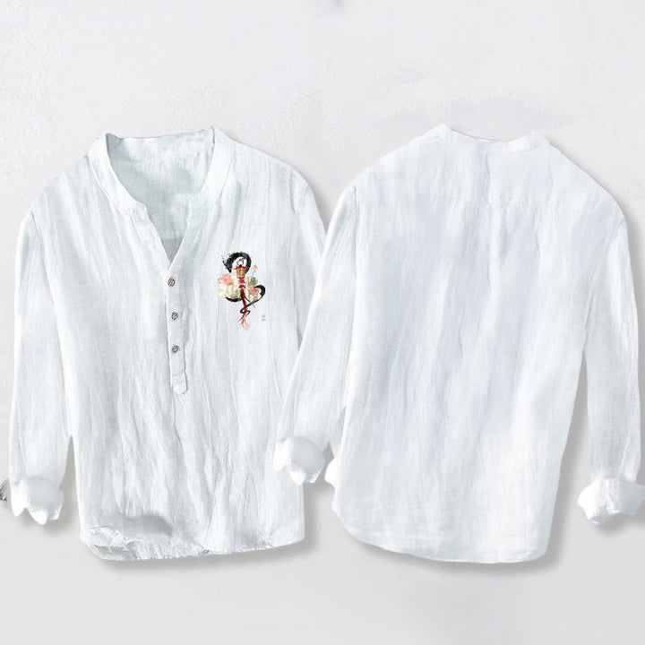Buddha Stones Dragon Lotus Lantern Pattern Half Buttons Men's Cotton Linen Long Sleeve Shirt - image 5