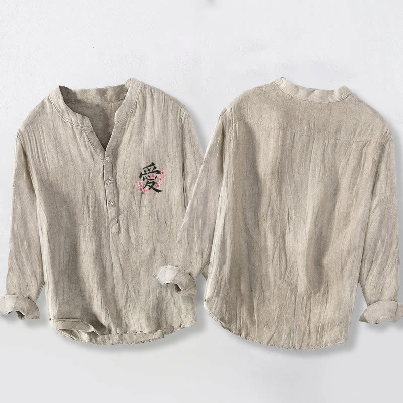 Buddha Stones Peach Blossom Love Character Pattern Half Buttons Men's Cotton Linen Long Sleeve Shirt - image 2
