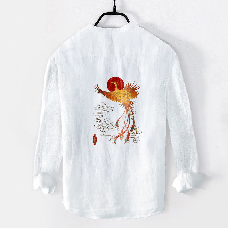 Buddha Stones Phoenix Clouds Red Sun Pattern Half Buttons Men's Cotton Linen Long Sleeve Shirt - image 4