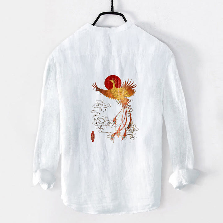 Buddha Stones Phoenix Clouds Red Sun Pattern Half Buttons Men's Cotton Linen Long Sleeve Shirt - image 4