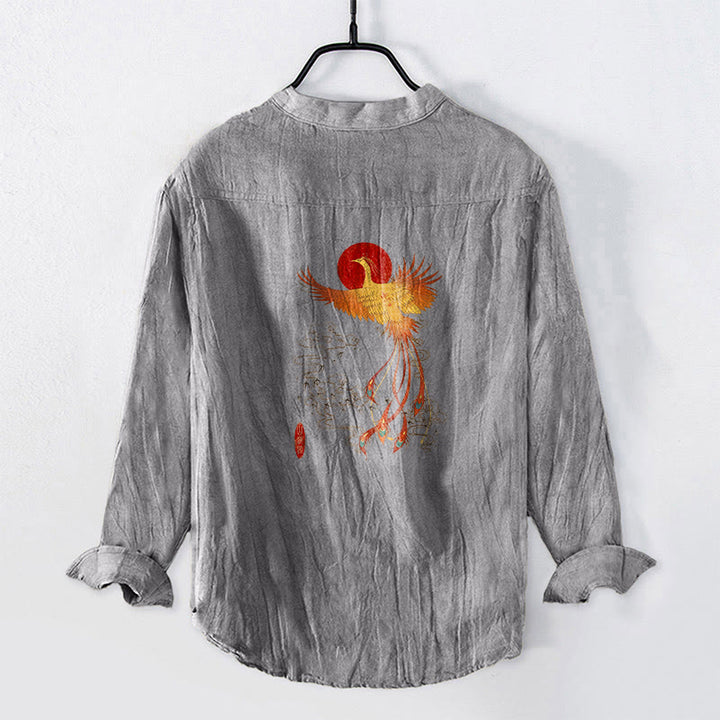 Buddha Stones Phoenix Clouds Red Sun Pattern Half Buttons Men's Cotton Linen Long Sleeve Shirt - image 7