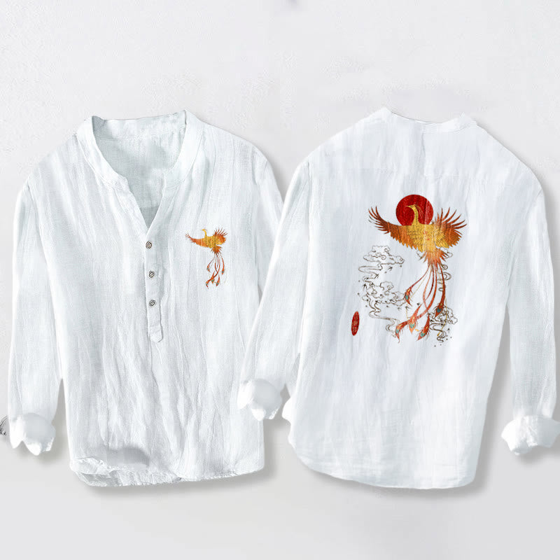 Buddha Stones Phoenix Clouds Red Sun Pattern Half Buttons Men's Cotton Linen Long Sleeve Shirt - image 5