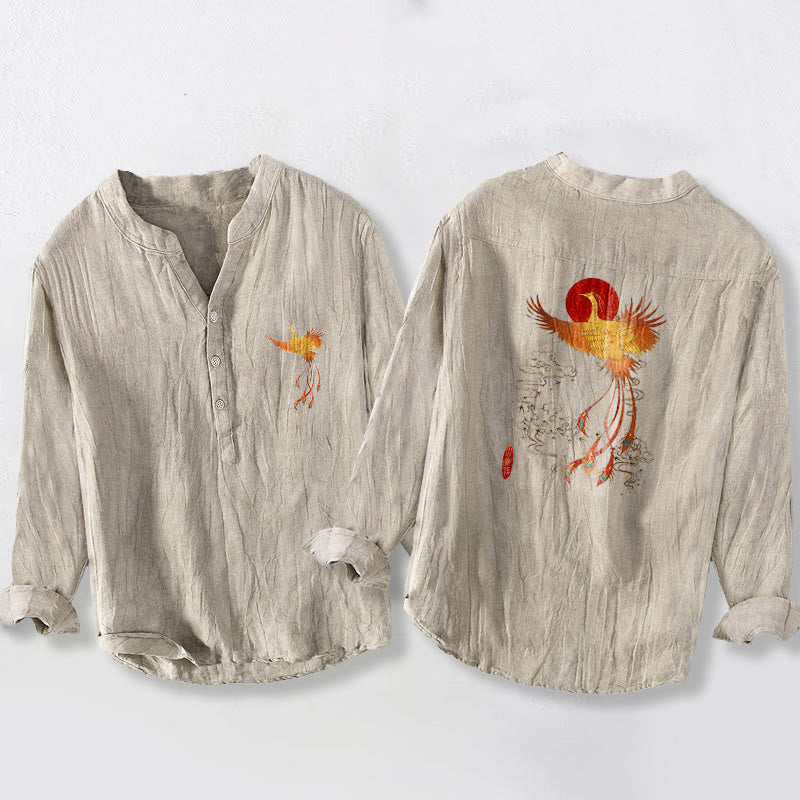 Buddha Stones Phoenix Clouds Red Sun Pattern Half Buttons Men's Cotton Linen Long Sleeve Shirt - Linen - US/UK/AU50，EU60 (5XL) - image 0