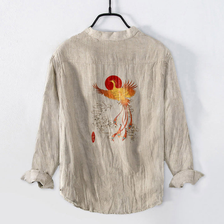 Buddha Stones Phoenix Clouds Red Sun Pattern Half Buttons Men's Cotton Linen Long Sleeve Shirt - image 1