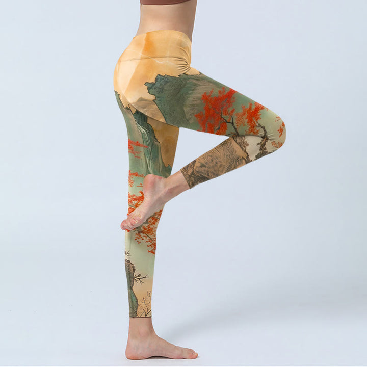 Buddha Stones Mountains Trees Rising Sun Pattern Print Gym Leggings Women's Yoga Pants - image 4