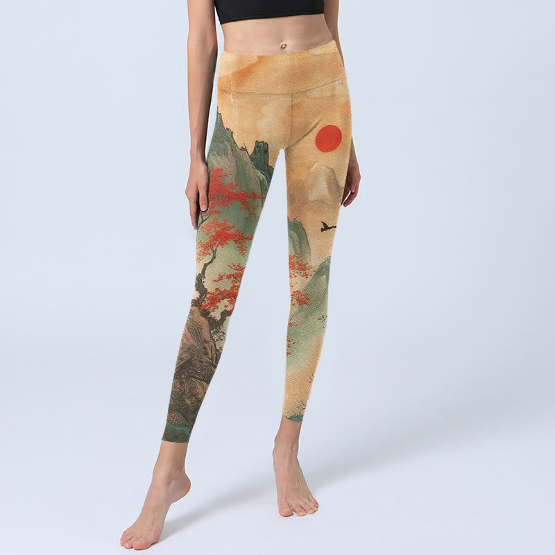 Buddha Stones Mountains Trees Rising Sun Pattern Print Gym Leggings Women's Yoga Pants - image 5