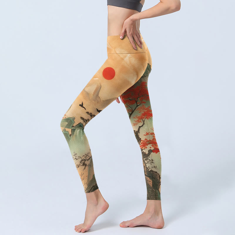 Buddha Stones Mountains Trees Rising Sun Pattern Print Gym Leggings Women's Yoga Pants - image 2