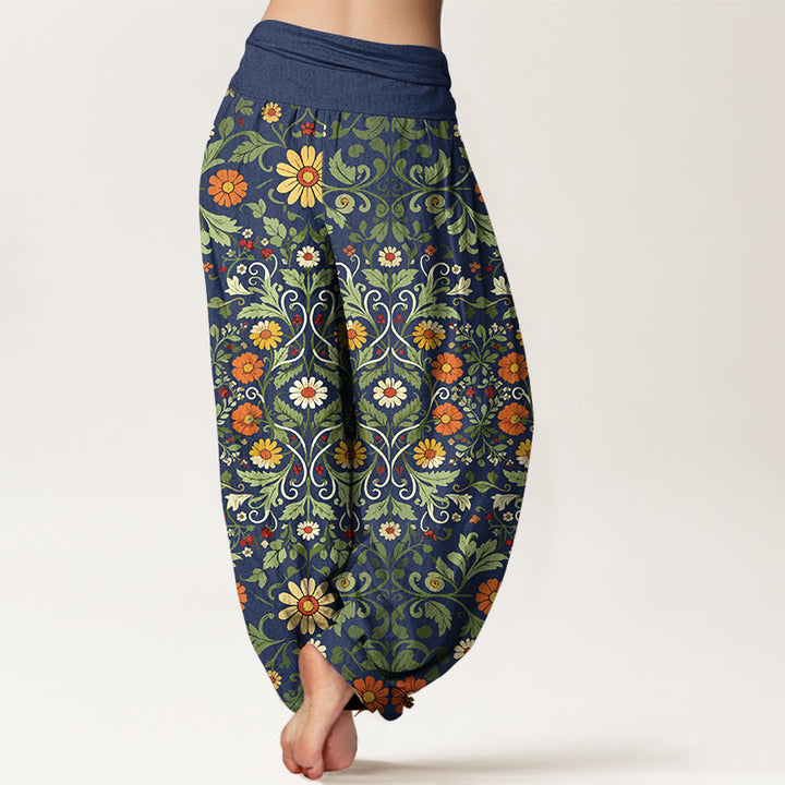 Buddha Stones Pure Cotton Colorful Flowers Vines Women's Elastic Waist Harem Pants - image 1