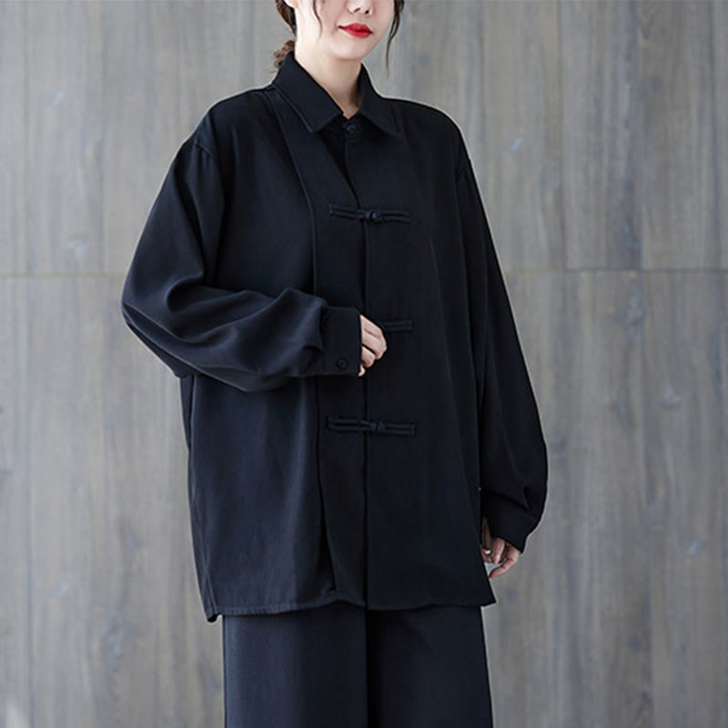 Buddha Stones Black Plain Frog-Button Lapel Women's Cotton Long Sleeve Shirt - image 2