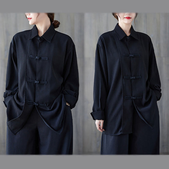 Buddha Stones Black Plain Frog-Button Lapel Women's Cotton Long Sleeve Shirt - image 5