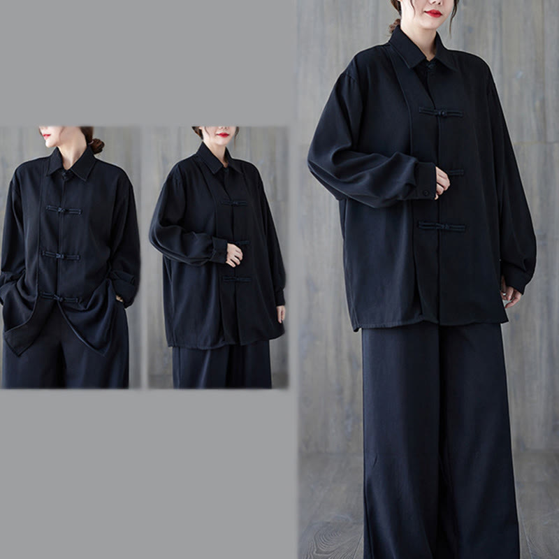 Buddha Stones Black Plain Frog-Button Lapel Women's Cotton Long Sleeve Shirt - image 6