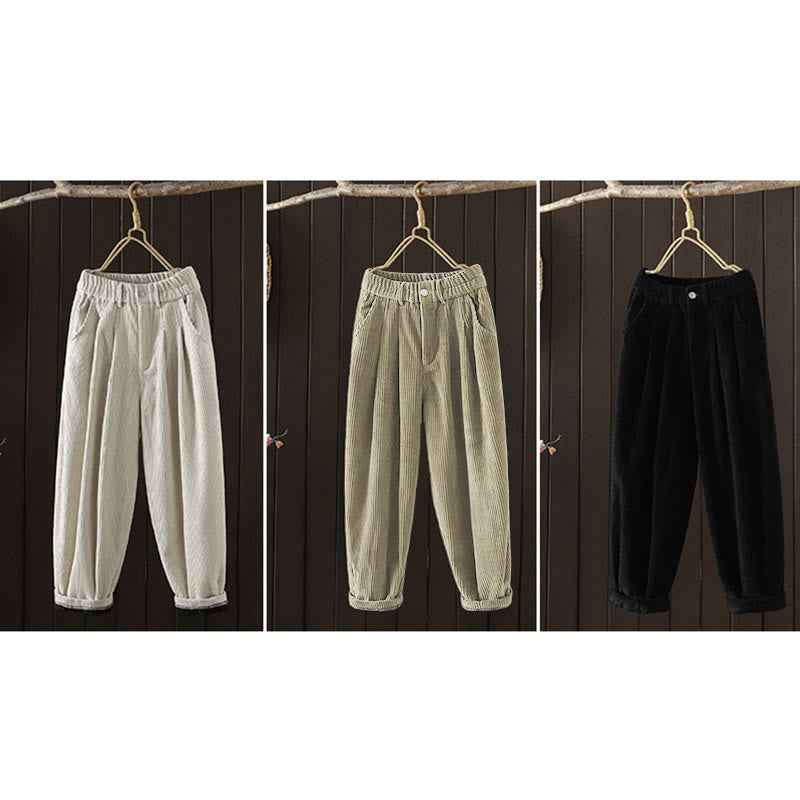 Buddha Stones Women's Winter Plain Corduroy Cotton High Waist Fleece-Lined Harem Pants With Pockets - image 24