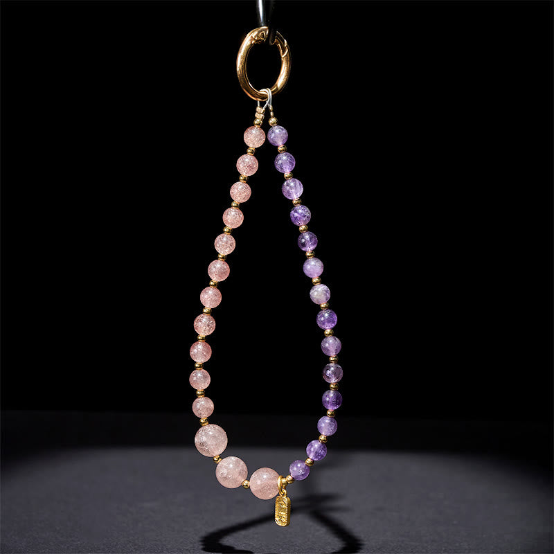 Buddha Stones Strawberry Quartz Amethyst Happiness Healing Key Chain Phone Hanging Decoration - image 3