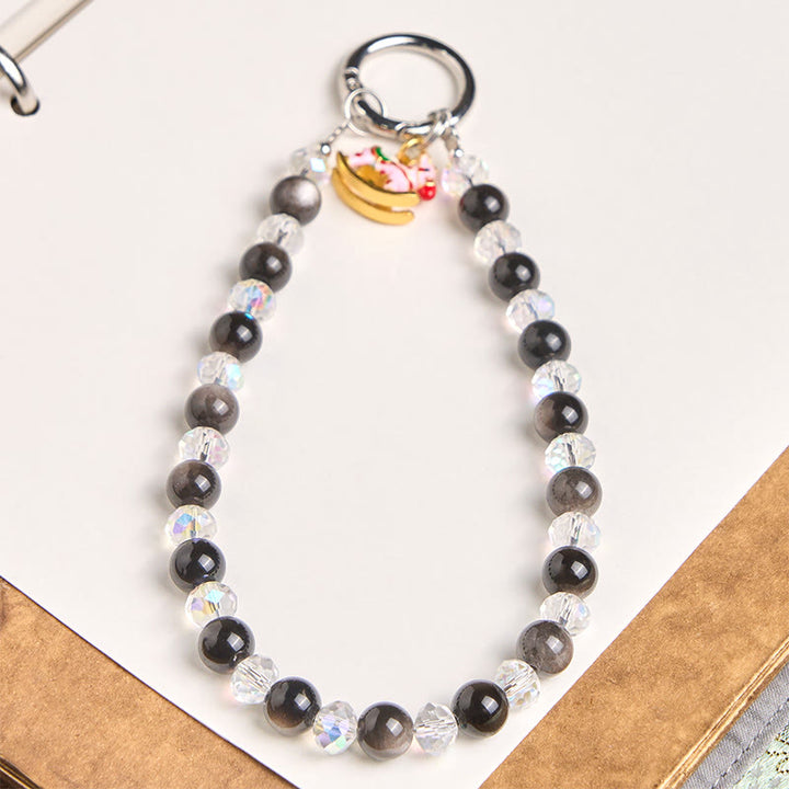 Buddha Stones Year of the Horse Silver Sheen Obsidian Protection Key Chain Phone Hanging Decoration - Silver Sheen Obsidian(Soothing ♥ Protection) - image 0