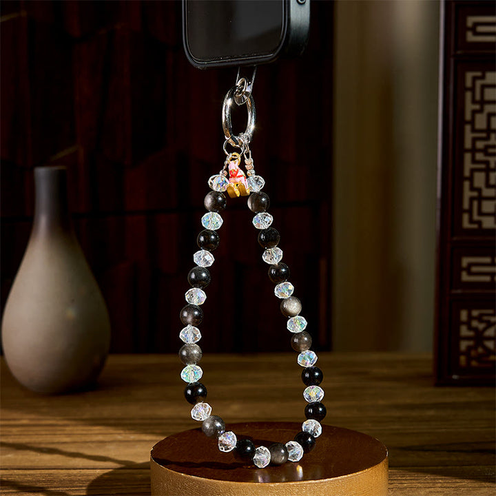 Buddha Stones Year of the Horse Silver Sheen Obsidian Protection Key Chain Phone Hanging Decoration - image 3