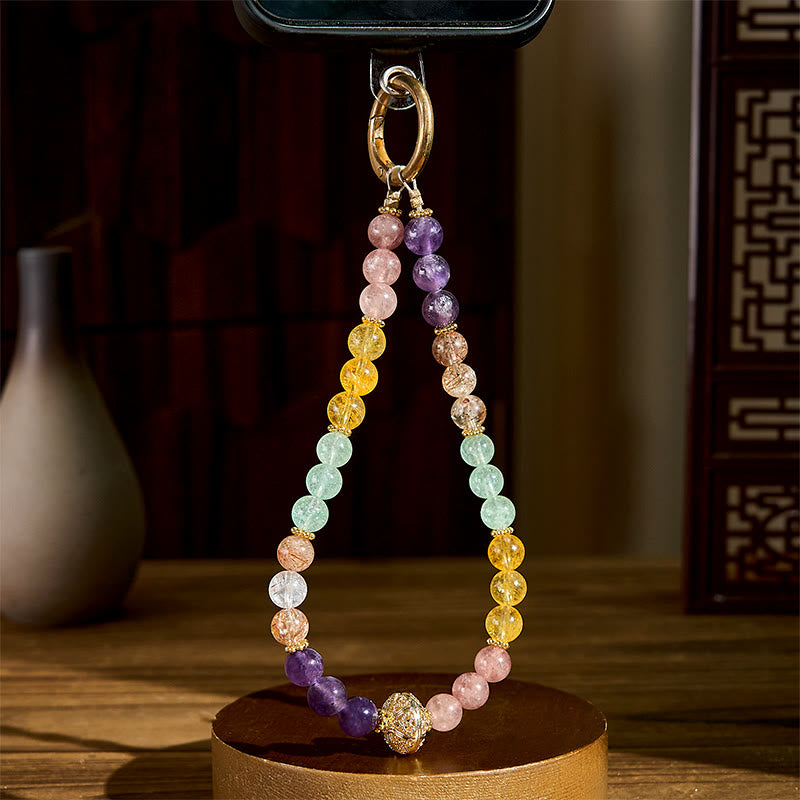 Buddha Stones 8mm Multicolored Amethyst Strawberry Quartz Balance Key Chain Phone Hanging Decoration - image 2