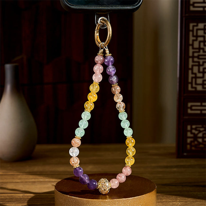 Buddha Stones 8mm Multicolored Amethyst Strawberry Quartz Balance Key Chain Phone Hanging Decoration - image 2