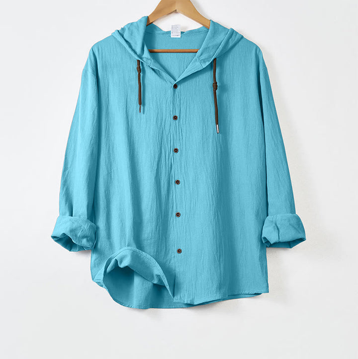 Buddha Stones Solid Color Long Sleeve Hooded Drawstring Buttons Linen Men's Shirt - LightSkyBlue - US/UK/AU44，EU54 (3XL) - image 14