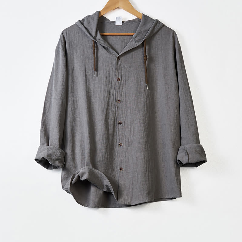 Buddha Stones Solid Color Long Sleeve Hooded Drawstring Buttons Men's Shirt - DarkGray - US/UK/AU44，EU54 (3XL) - image 10