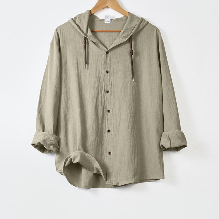 Buddha Stones Solid Color Long Sleeve Hooded Drawstring Buttons Men's Shirt - Beige - US/UK/AU44，EU54 (3XL) - image 15
